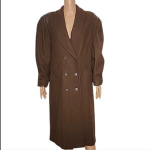 Jofeld Wool Double Breasted Trench Coat brown leather shoulder Women's Size 12‎
